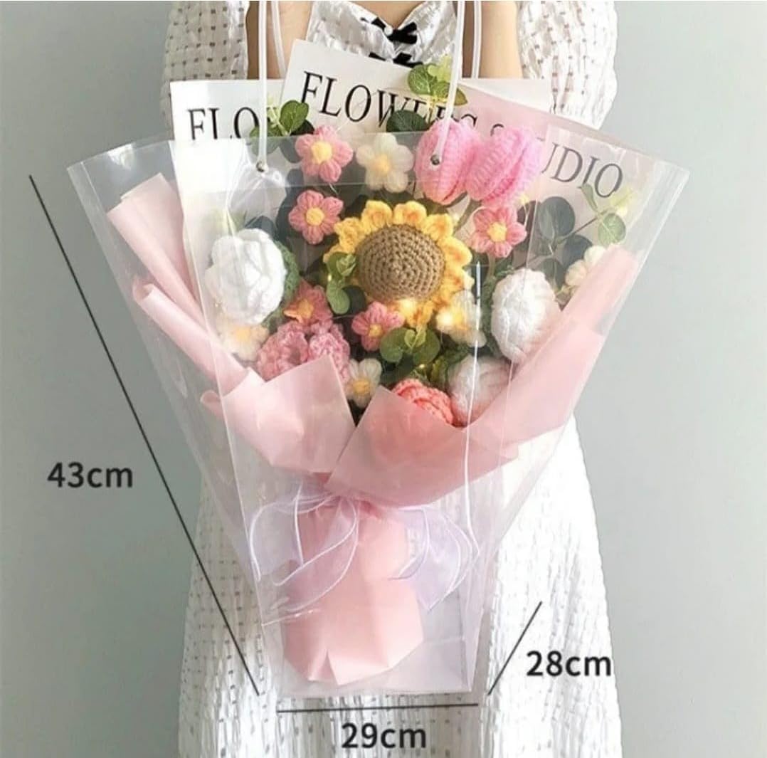 Handmade Knitting Large Bouquet Crochet Cotton Flowers, with Pink Wrapping in Clear Bag,Suitable for Valentine's Day, Mother's Day, Birthday, Wedding, Home Decor,Gift for all Events