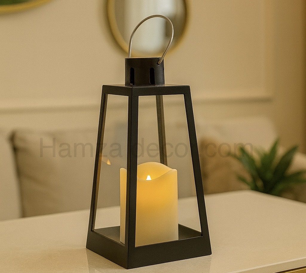 8 Inches Black Lantern with Real Effect Candle