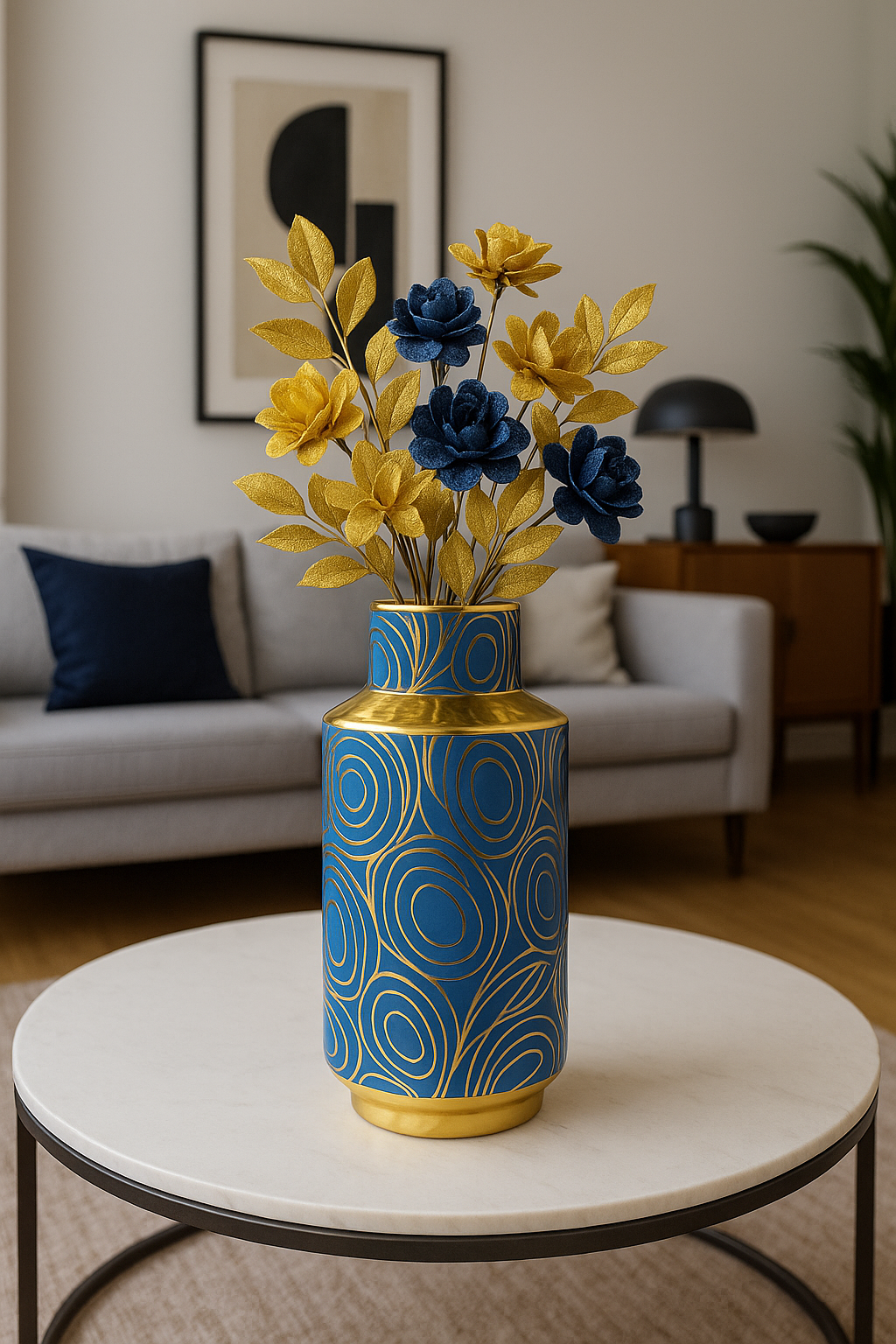 Luxury Blue & Gold Ceramic Flower Vase – Premium Home Décor Accent