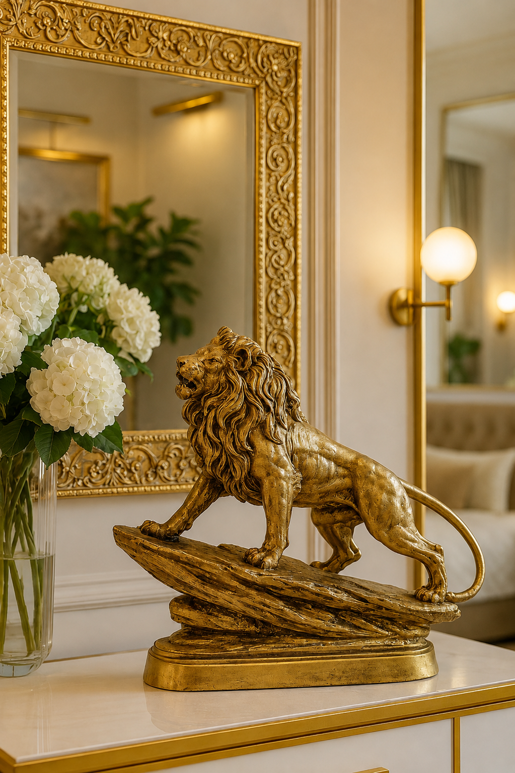 Majestic Golden Lion Statue – 14-Inch Mountain Pose Masterpiece