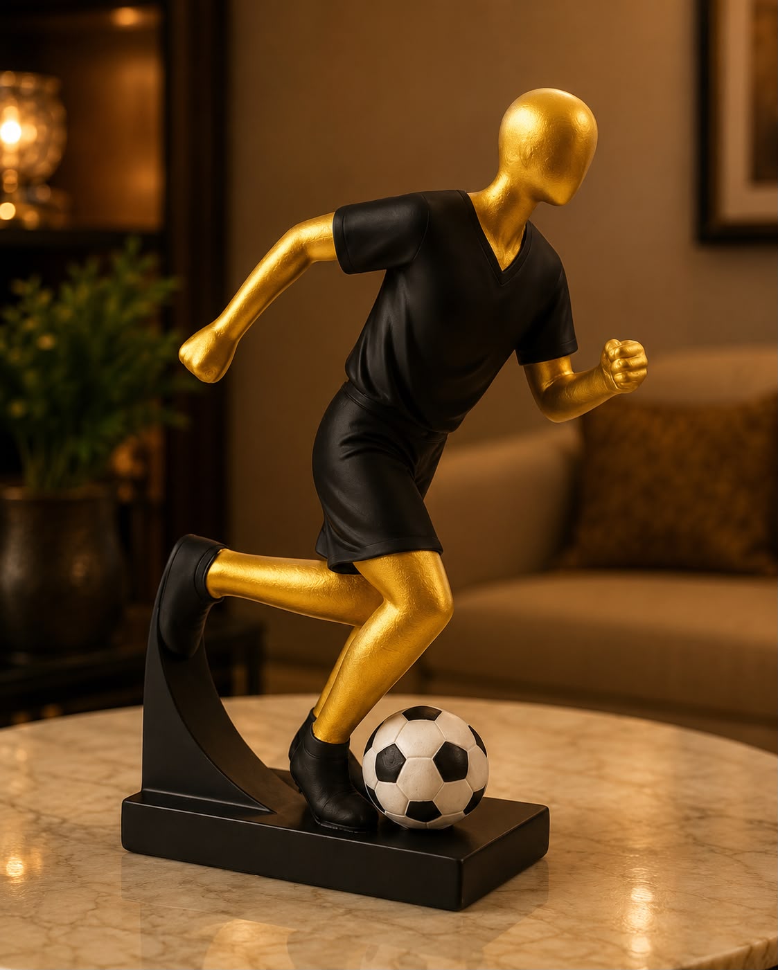 Golden Football Player Sculpture – Modern Sports Table Decor