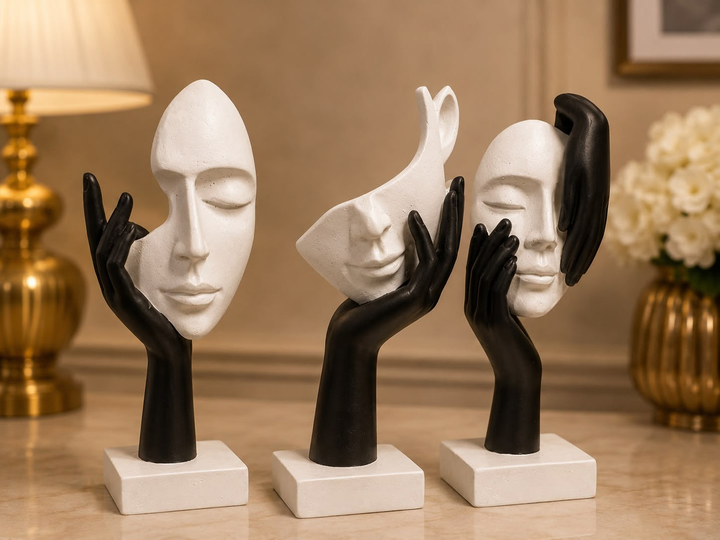 Modern Abstract Face & Hand Sculpture Set – Black & White Artistic Home Décor