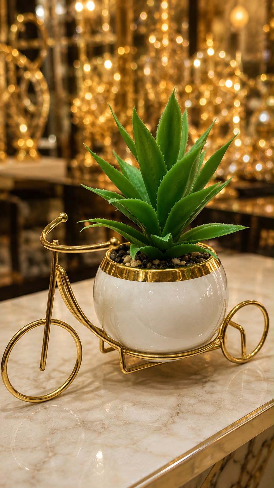 Gold Bicycle Stand Planter with White Ceramic Pot & Faux Aloe Plant