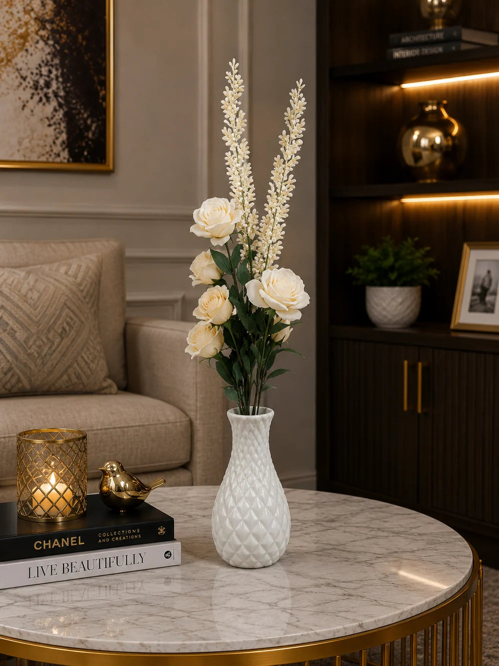 Luxury Artificial White Rose & White Floral Arrangement with Textured White Ceramic Vase