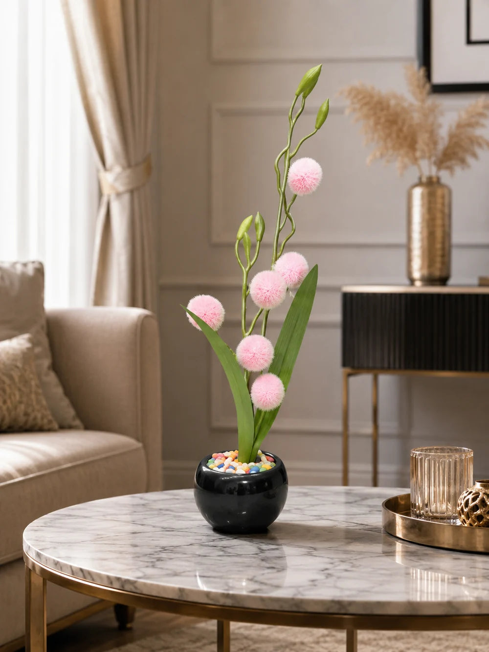 Luxury Artificial Pink Pom Pom Flower Arrangement in Black Ceramic Pot | ch 0026