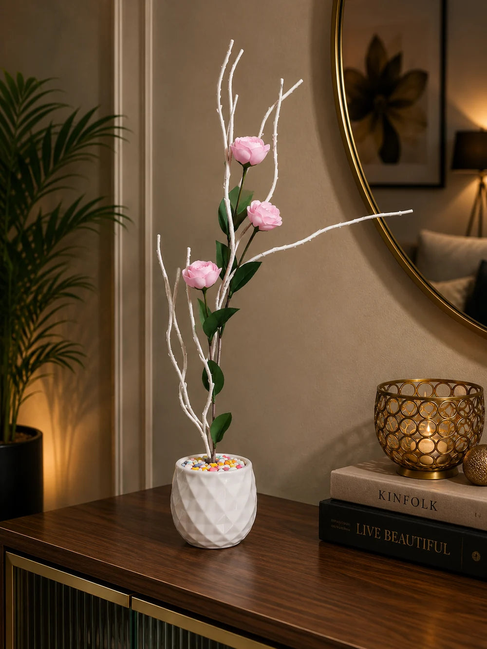 Luxury Artificial Pink Rose with White Decorative Branch Arrangement in White Ceramic Pot | ch 0040