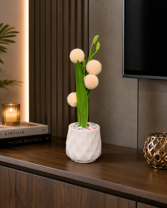 Luxury Artificial Pink Pom Pom Flower Arrangement in White Ceramic Pot | ch 0027