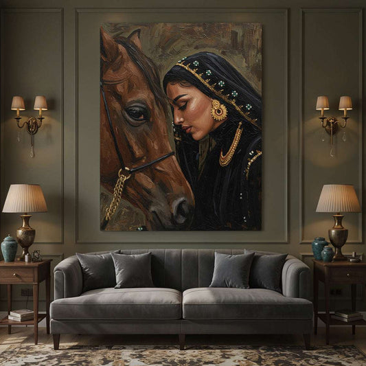Indian Rani with Her Horse (Single Panel) Digital Painting Wall Art