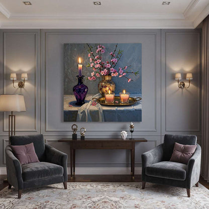 Candlelight and Blossom Flowers Still Life (Single Panel) Digital Painting Wall Art