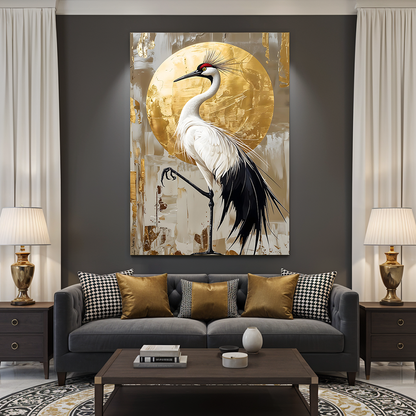 White Crane Bird With Golden Moon Knife Work (Single Panel) Digital Painting Wall Art