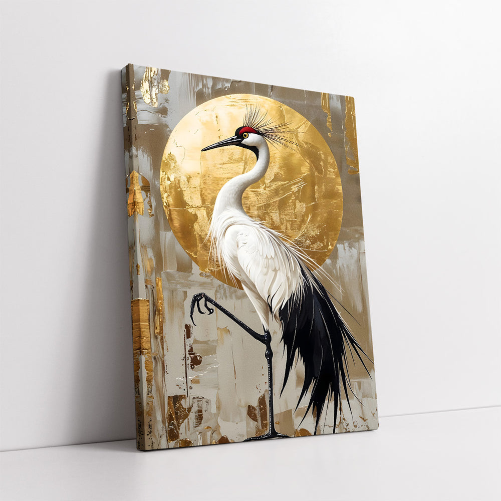 White Crane Bird With Golden Moon Knife Work (Single Panel) Digital Painting Wall Art