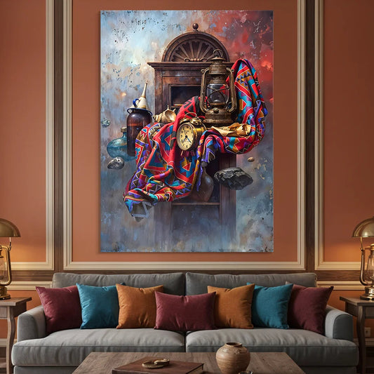 Vintage Still Life With Lantern Clock And Patterned Textile Impasto Style (Single Panel) Digital Painting Wall Art