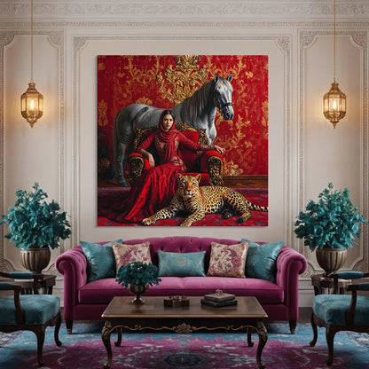 Royal Empress with White Stallion & Leopard in Red Velvet Room (Single Panel) Digital Painting Wall Art