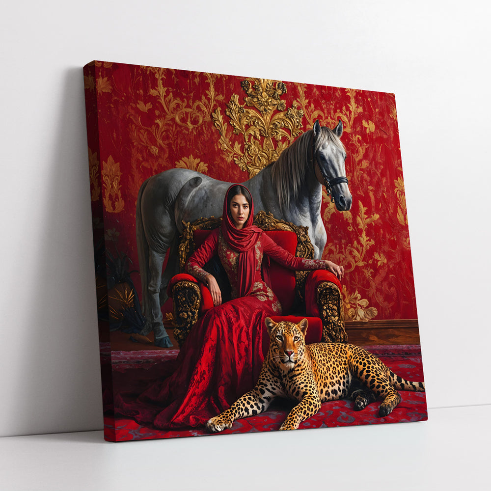 Royal Empress with White Stallion & Leopard in Red Velvet Room (Single Panel) Digital Painting Wall Art