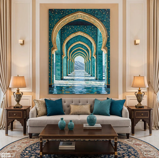Islamic Architecture Arched Corridor with Gold Floral Accents (Single Panel) Digital Painting Wall Art