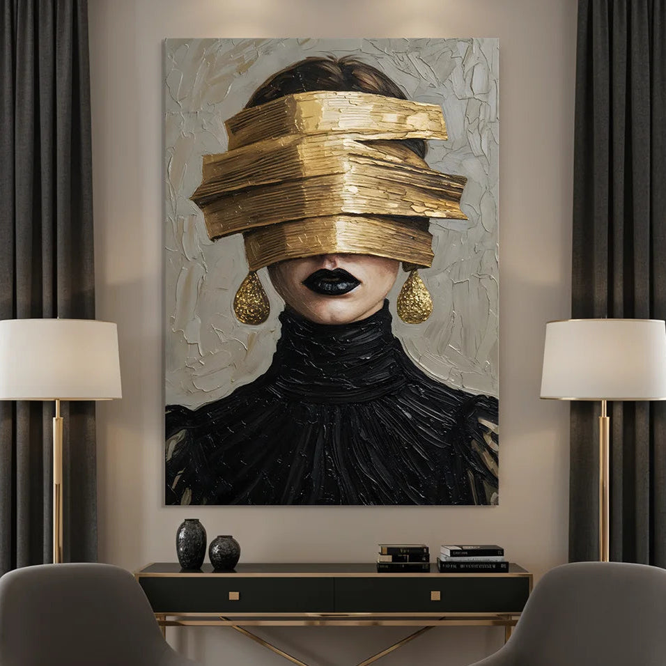 Glamour Noir Blindfold With Gold Texture Knife Work (Single Panel) Digital Painting Wall Art