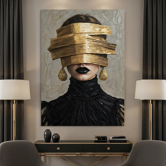 Glamour Noir Blindfold With Gold Texture Knife Work (Single Panel) Digital Painting Wall Art