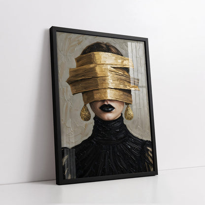 Glamour Noir Blindfold With Gold Texture Knife Work (Single Panel) Digital Painting Wall Art