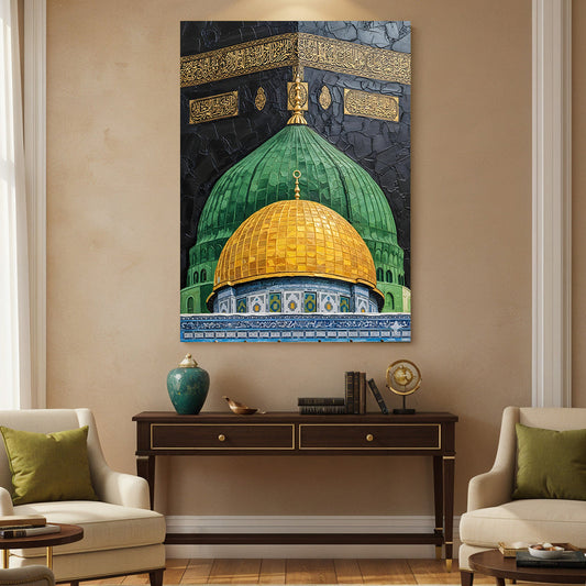 Islamic Landmarks Kaaba, Masjid Nabvi and Holy Dome (Single Panel) Digital Painting Wall Art (Single Panel) Digital Painting Wall Art
