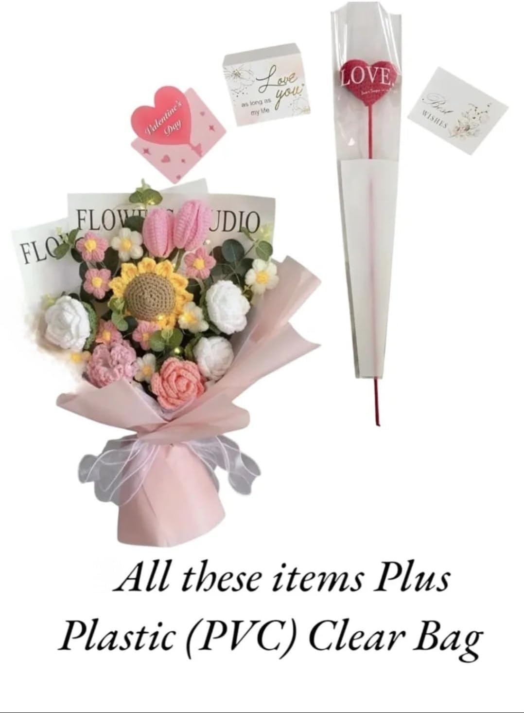 Handmade Knitting Large Bouquet Crochet Cotton Flowers, with Pink Wrapping in Clear Bag,Suitable for Valentine's Day, Mother's Day, Birthday, Wedding, Home Decor,Gift for all Events