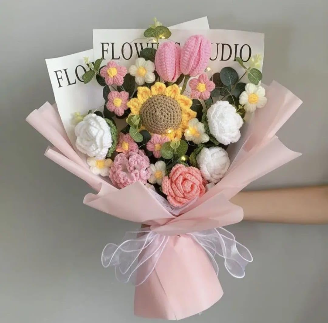Handmade Knitting Large Bouquet Crochet Cotton Flowers, with Pink Wrapping in Clear Bag,Suitable for Valentine's Day, Mother's Day, Birthday, Wedding, Home Decor,Gift for all Events