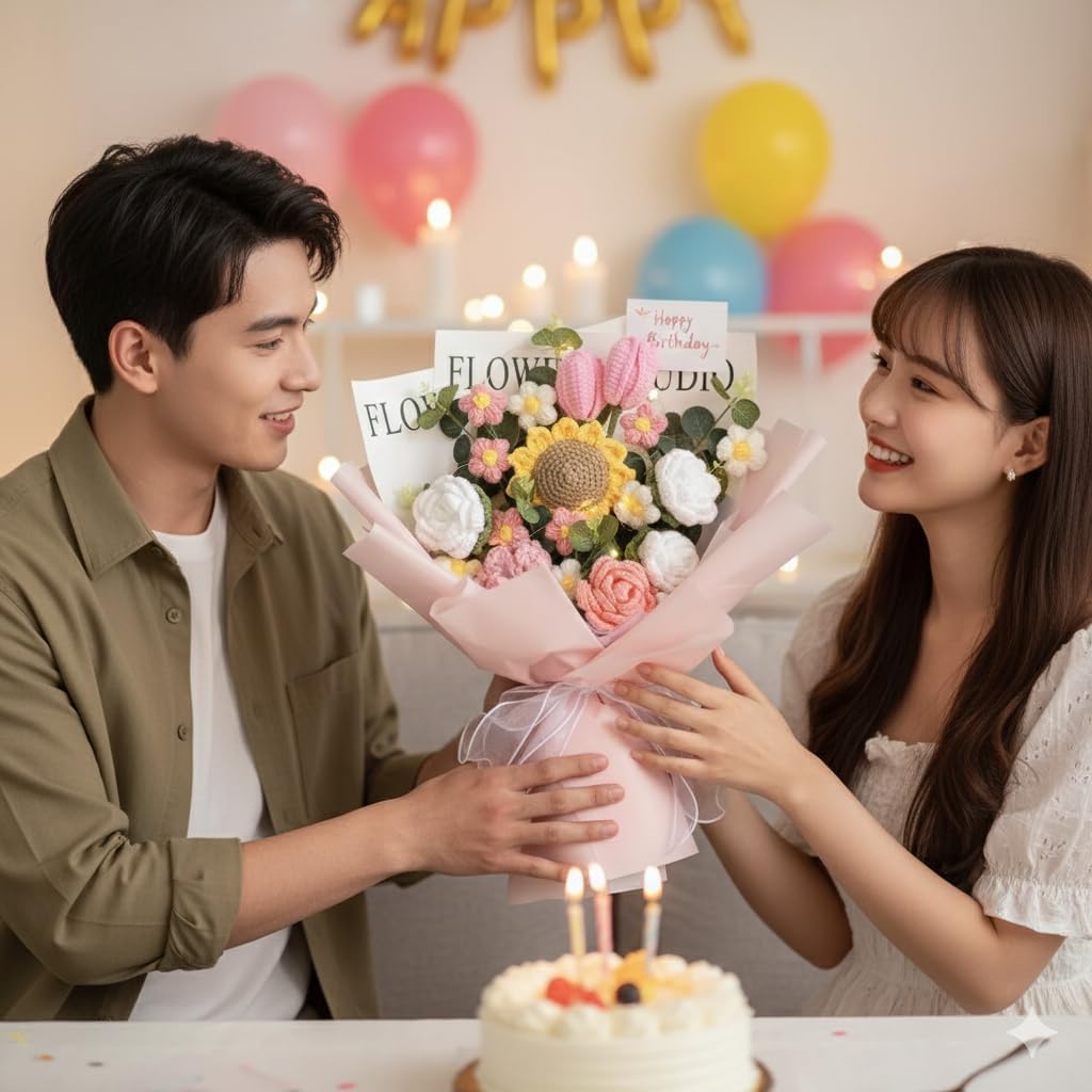 Handmade Knitting Large Bouquet Crochet Cotton Flowers, with Pink Wrapping in Clear Bag,Suitable for Valentine's Day, Mother's Day, Birthday, Wedding, Home Decor,Gift for all Events