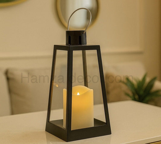 8 Inches Black Lantern with Real Effect Candle