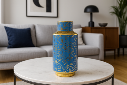 Luxury Blue & Gold Ceramic Flower Vase – Premium Home Décor Accent