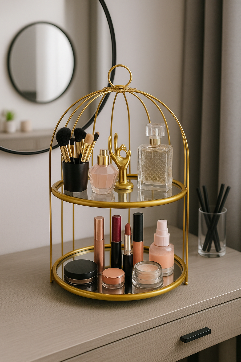 Luxury Metal & Glass Makeup Organizer with 2 Shelves | Elegant Vanity Storage Stand