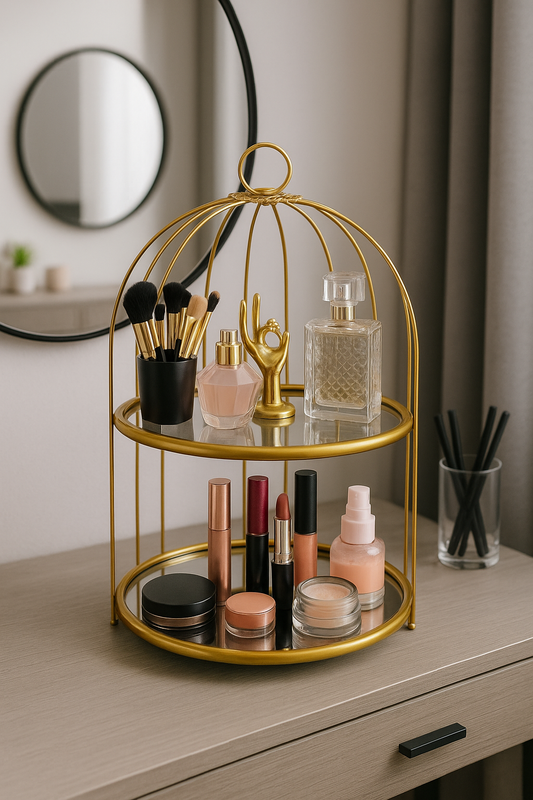 Luxury Metal & Glass Makeup Organizer with 2 Shelves | Elegant Vanity Storage Stand