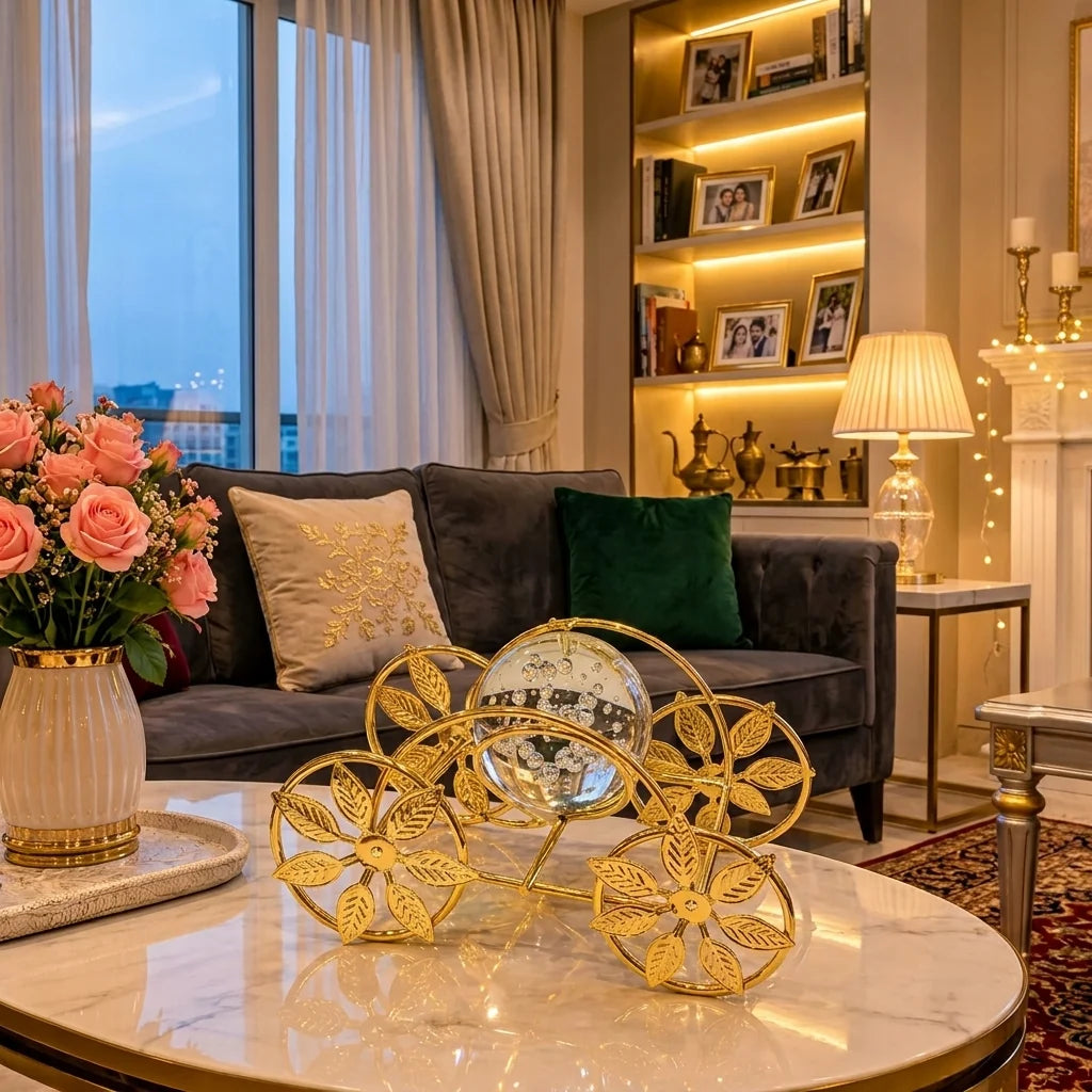 Golden Bloom Carriage – Luxury Metal & Crystal Decorative Showpiece