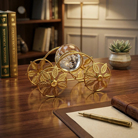Golden Bloom Carriage – Luxury Metal & Crystal Decorative Showpiece