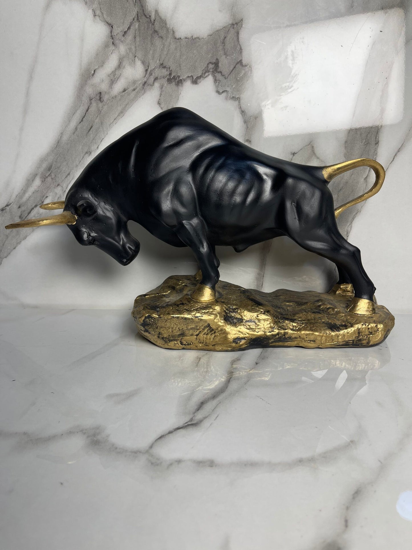 Majestic Black & Gold Bull Sculpture