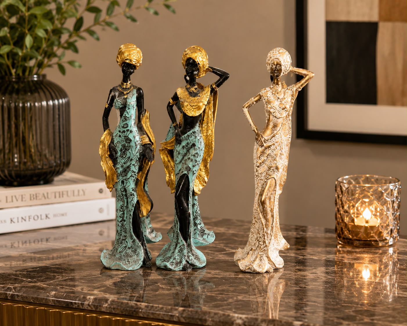 Elegant Lady Figurine Set of 3 – Luxury Decorative Statues