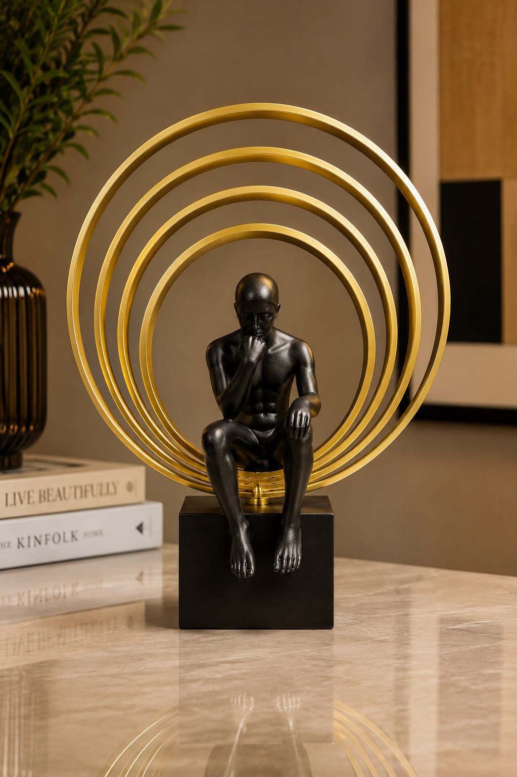 Contemplative Black & Gold Circle Sculpture – Modern Luxury Table Decor