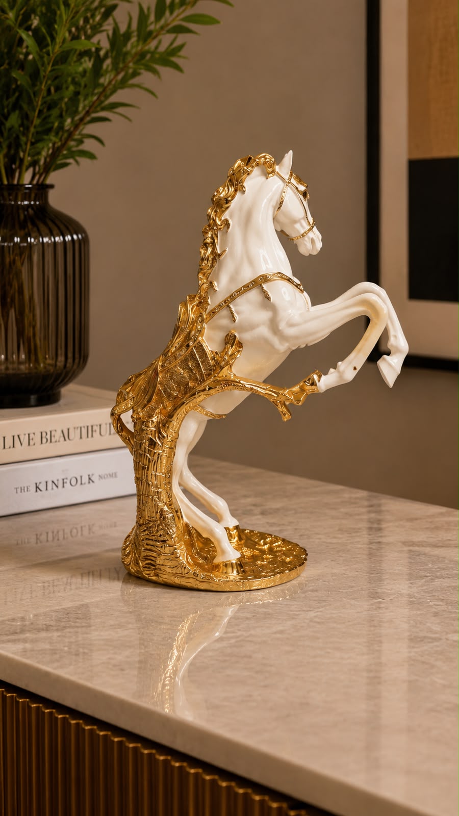 Royal White & Gold Horse Sculpture – Luxury Equestrian Home Décor
