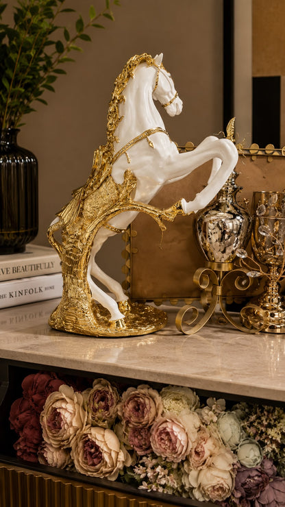 Royal White & Gold Horse Sculpture – Luxury Equestrian Home Décor