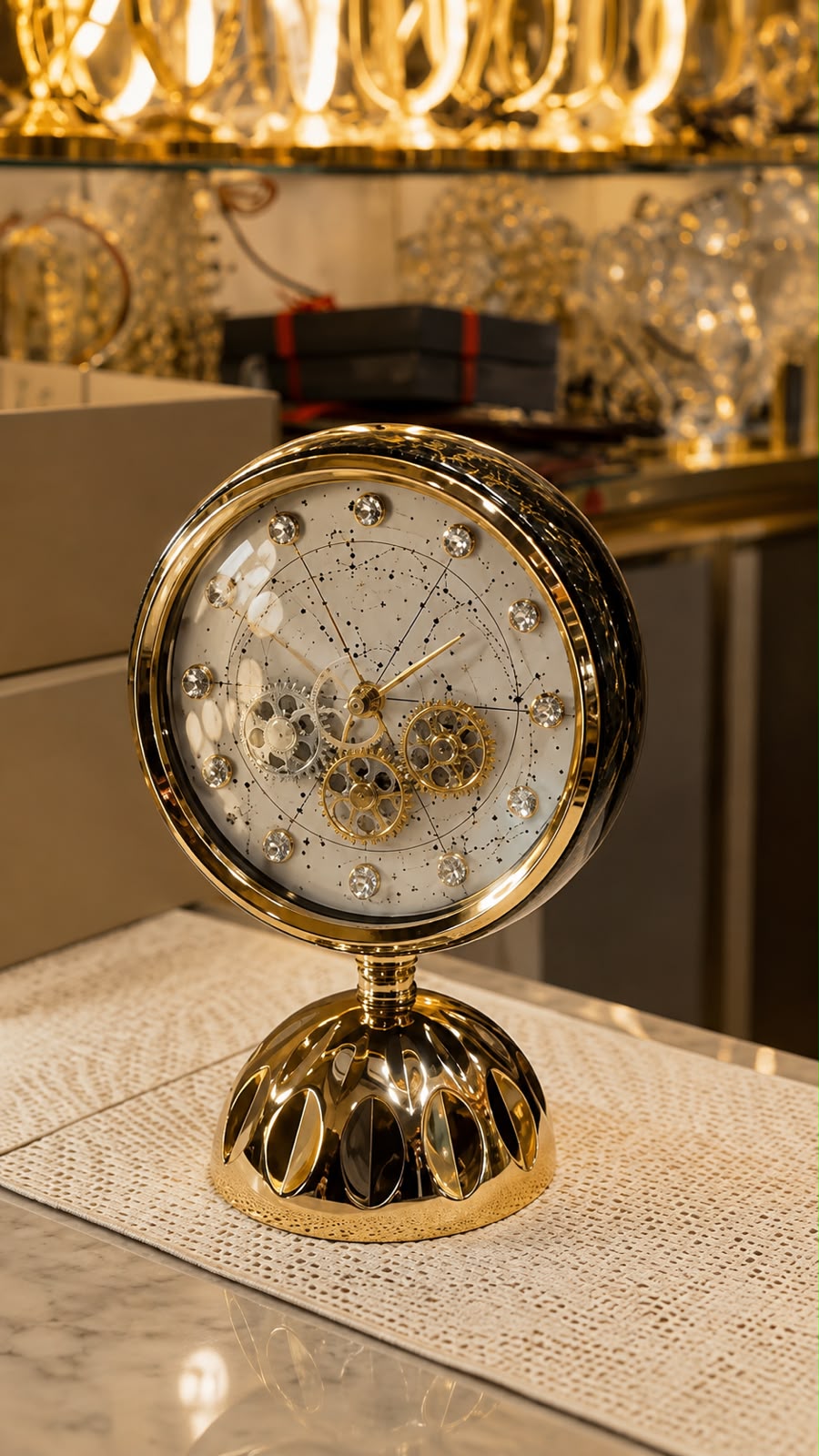Luxury Gold Skeleton Gear Table Clock – Elegant Decorative Timepiece