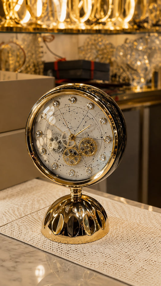 Luxury Gold Skeleton Gear Table Clock – Elegant Decorative Timepiece