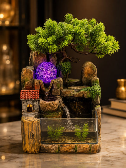 Zen Bonsai Waterfall Tabletop Fountain – LED Rockery Décor
