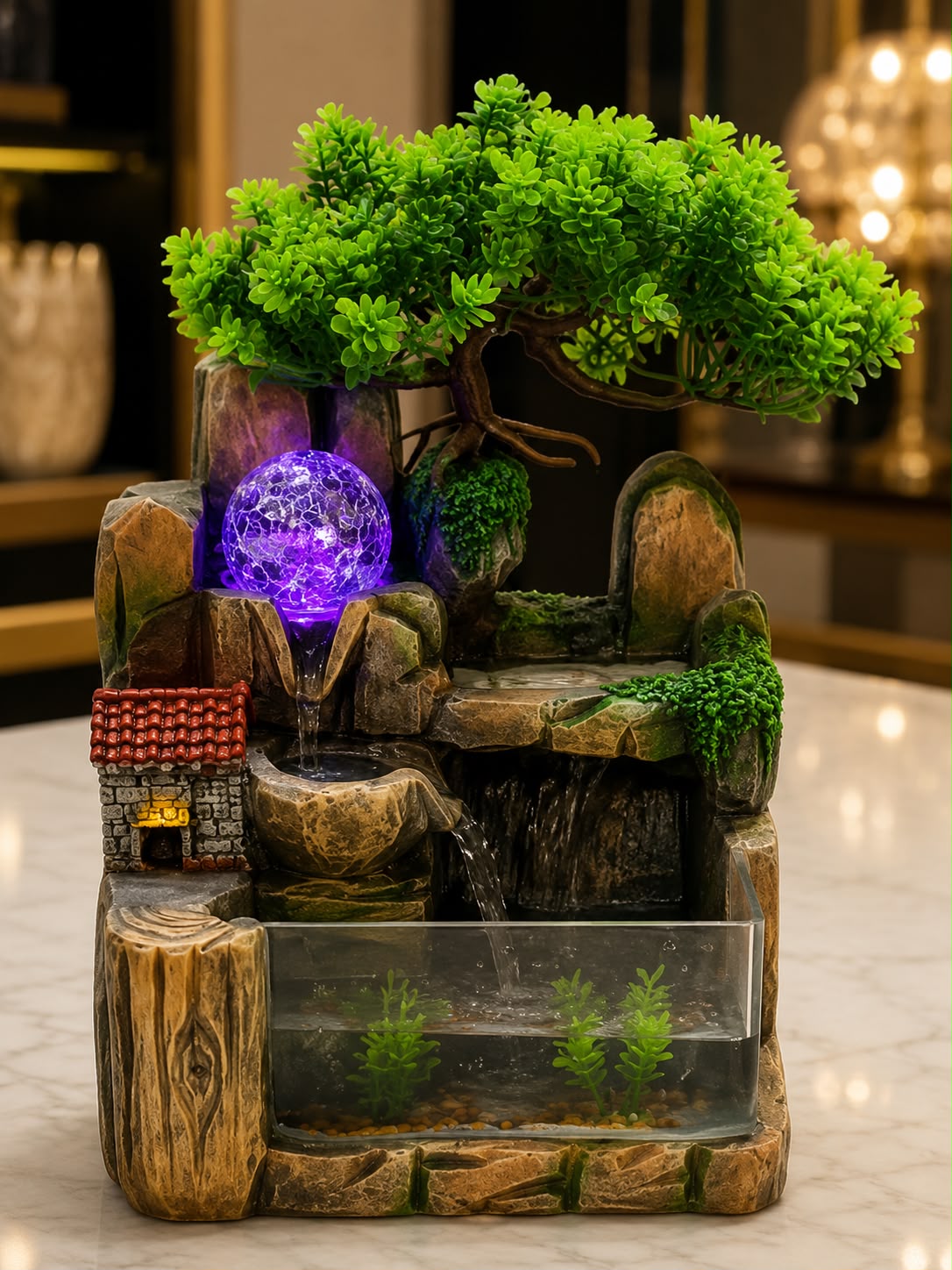 Zen Bonsai Waterfall Tabletop Fountain – LED Rockery Décor