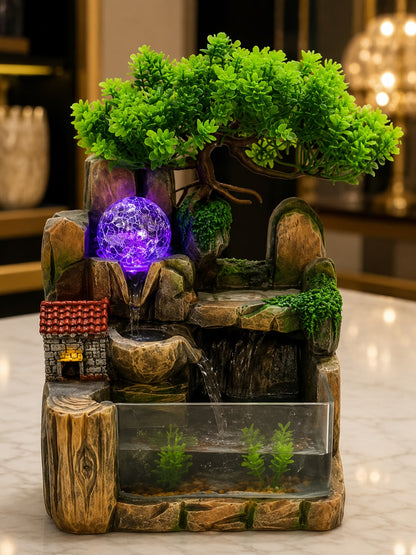 Zen Bonsai Waterfall Tabletop Fountain – LED Rockery Décor