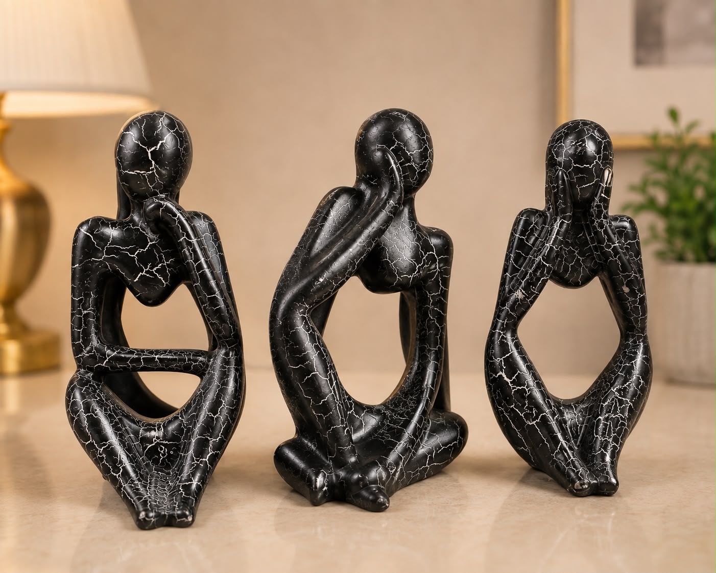 Set of 3 Abstract Black Crackle Finish Meditation Figurines