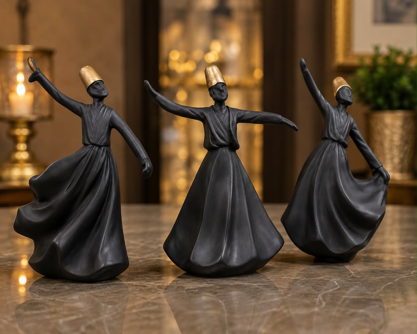 Black & Gold Whirling Dervish Decorative Figurine Set of 3