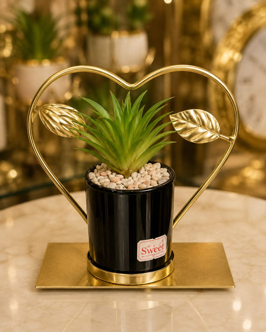 Golden Heart Frame Black Planter with Decorative Faux Plant