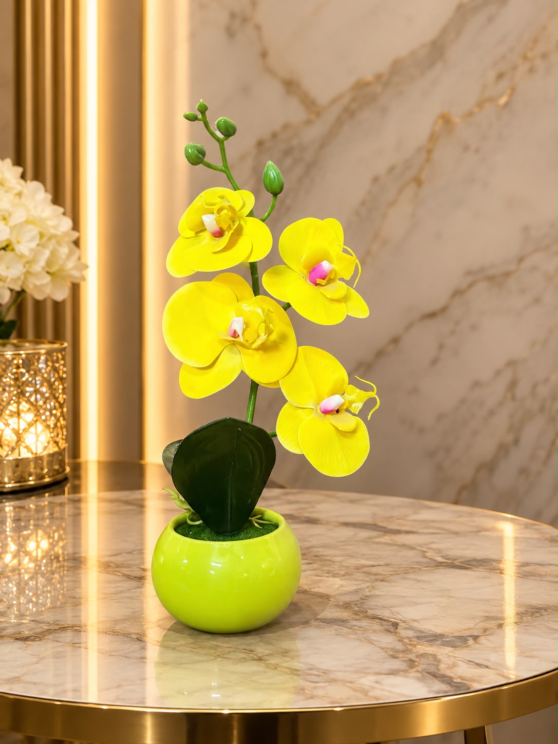 Elegant White and Yellow Orchid Artificial Plant with Ceramic Pot