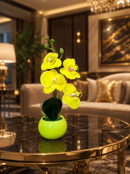Elegant White and Yellow Orchid Artificial Plant with Ceramic Pot