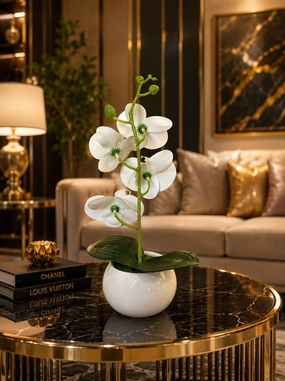 Elegant White and Yellow Orchid Artificial Plant with Ceramic Pot