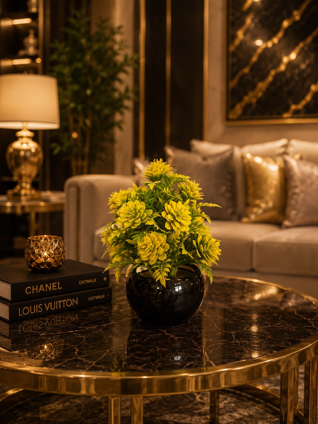 Luxury Yellow Artificial Flower Arrangement in Glossy Black Pot
