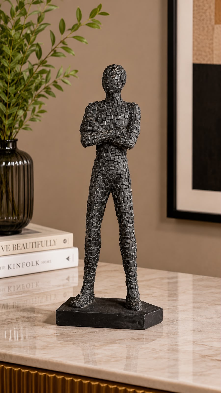 Golden & Black Mosaic Human Sculpture – Luxury Modern Tabletop Statue